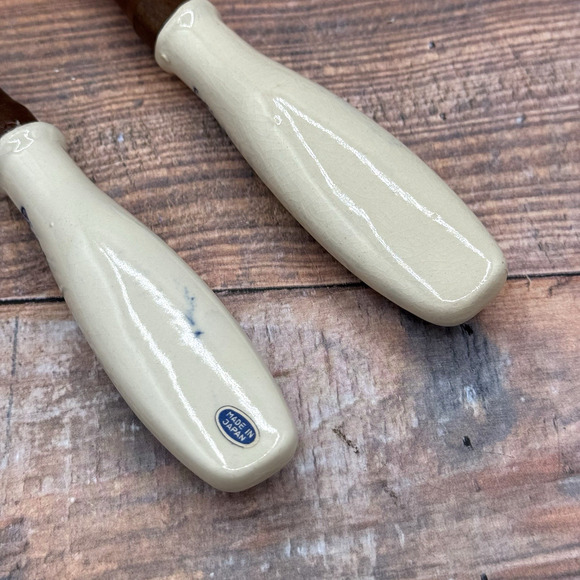 Vintage Japan Blue Willow Salad Serving Fork and Spoon Set Wood Look / Porcelain - Picture 4 of 6